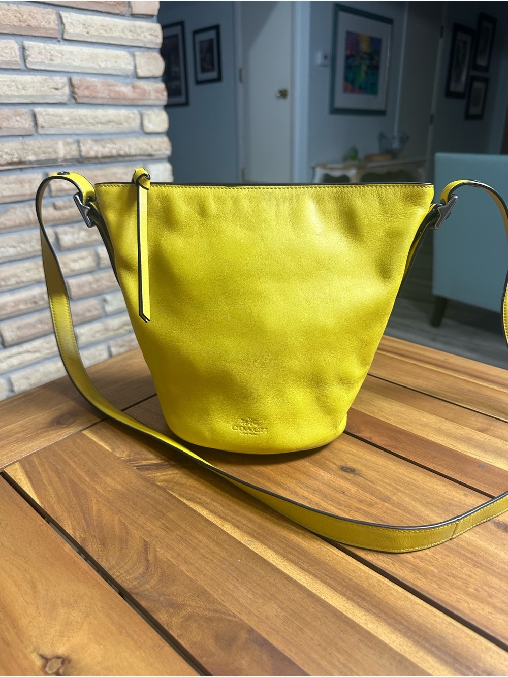 Coach Saffron Yellow Bleeker Pebbled Leather Crossbody Bucket Bag